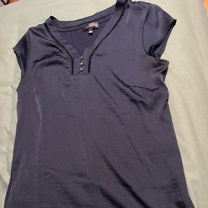 Navy blue short sleeve blouse with button detailing